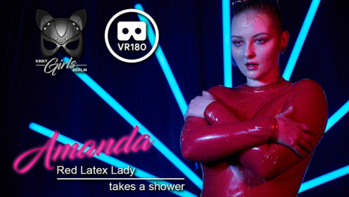 Red Latex Lady Takes A Shower